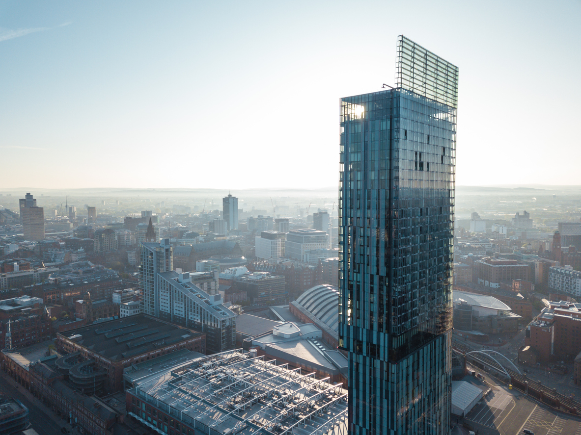 Manchester City Centre Drone Aerial View Above Building Work Skyline Construction Blue Sky Summer Hilton Beetham